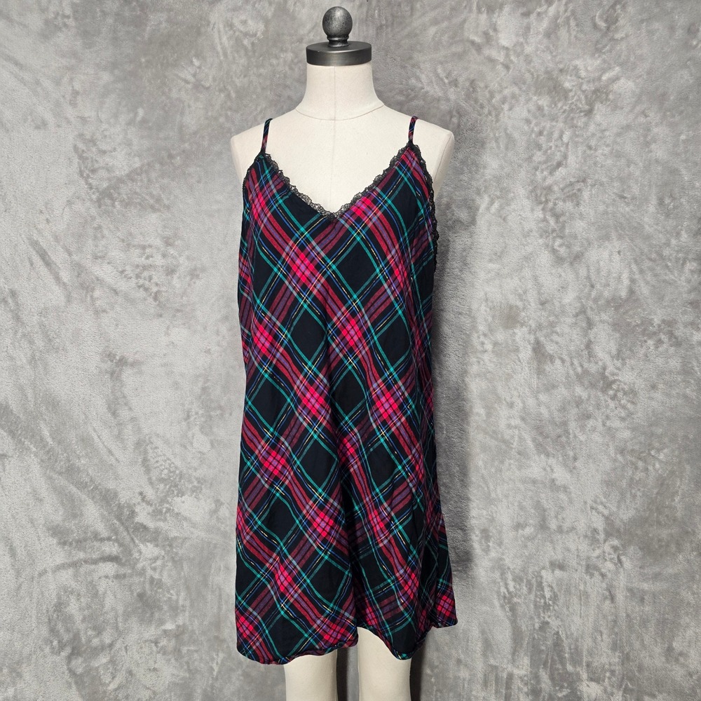 Victorias Secret Slip Dress Womens XXL Black Pink Plaid Lace Trim Nightie Grunge
